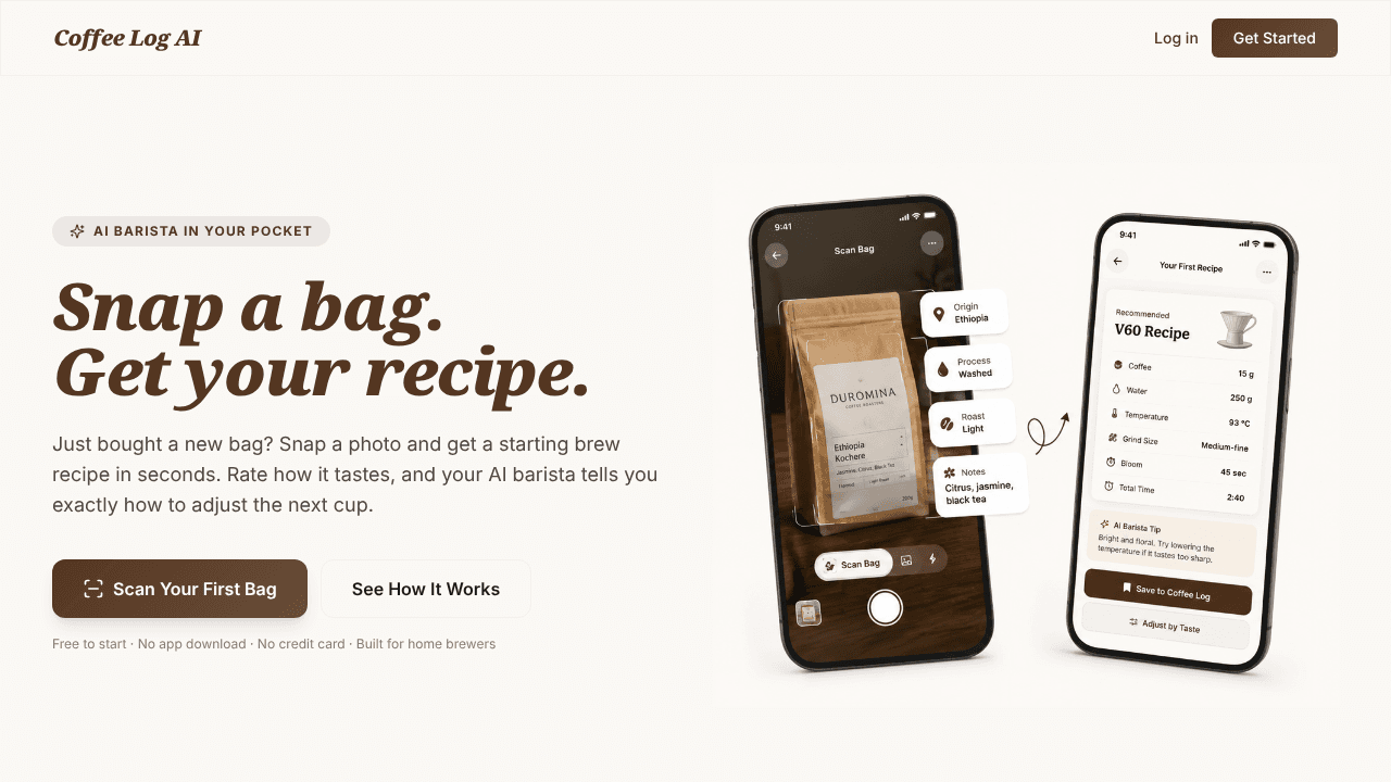 Coffee Log AI Beta Launch website screenshot