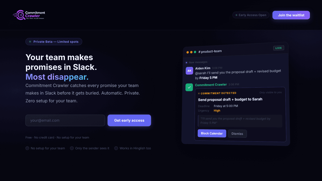 Commitment Crawler - AI for Slack Teams website screenshot