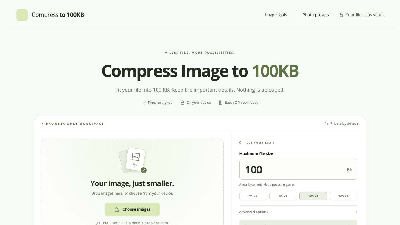 Compress to 100KB website screenshot
