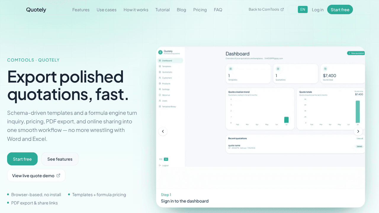 Comtools Quotely website screenshot