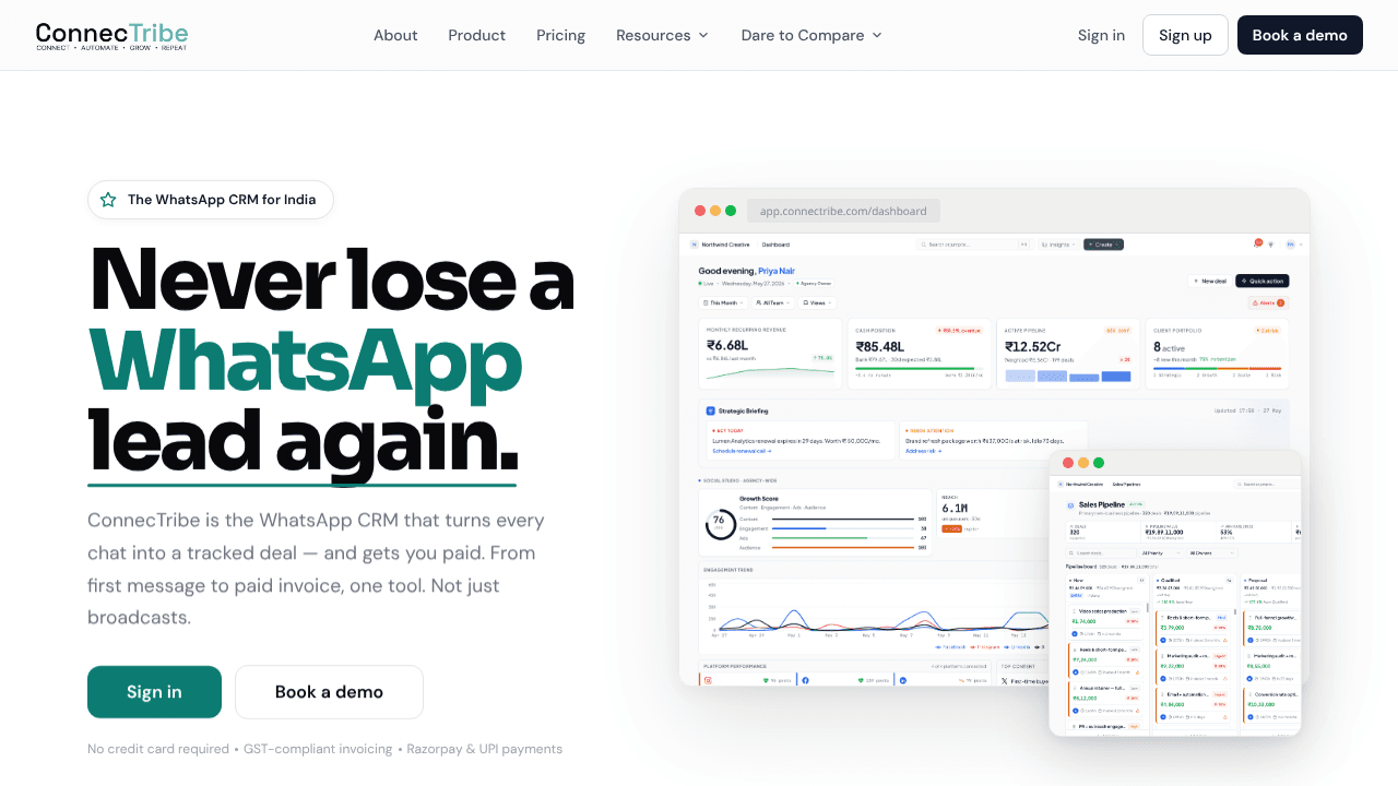 ConnecTribe — The WhatsApp CRM for India website screenshot