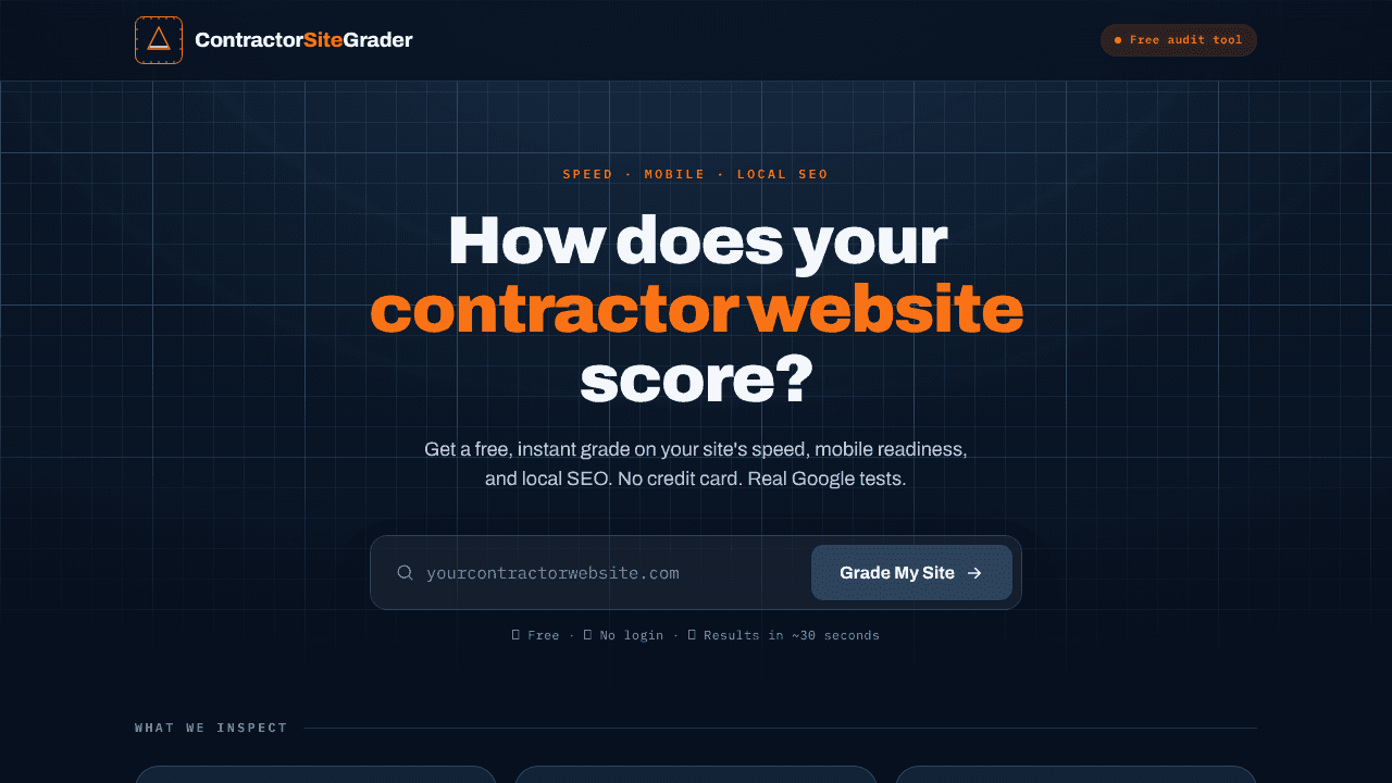 Contractor Site Grader website screenshot