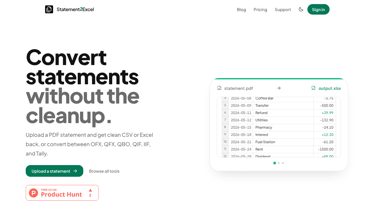 Convert PDF Bank Statements to Excel/CSV website screenshot