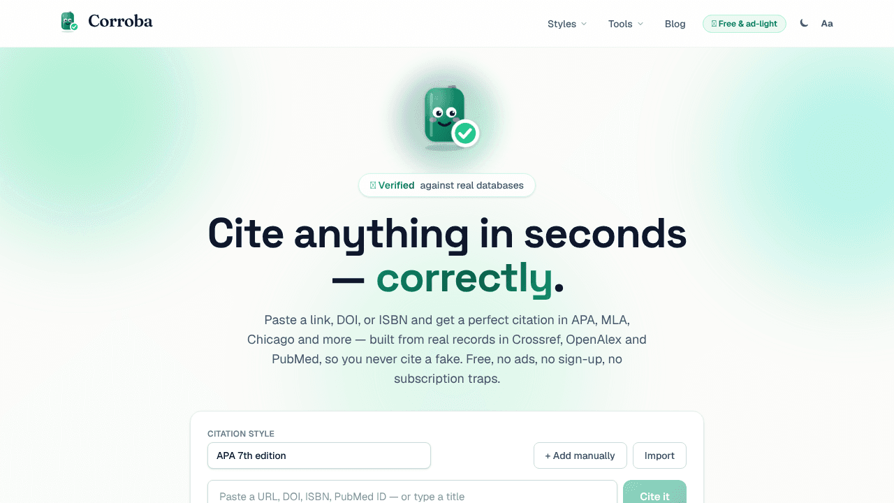 Corroba - Free, accurate citation website screenshot