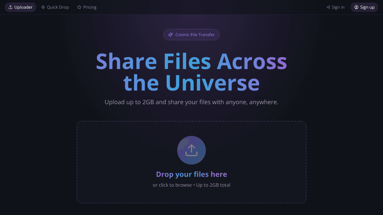 Cosmic Uploader website screenshot