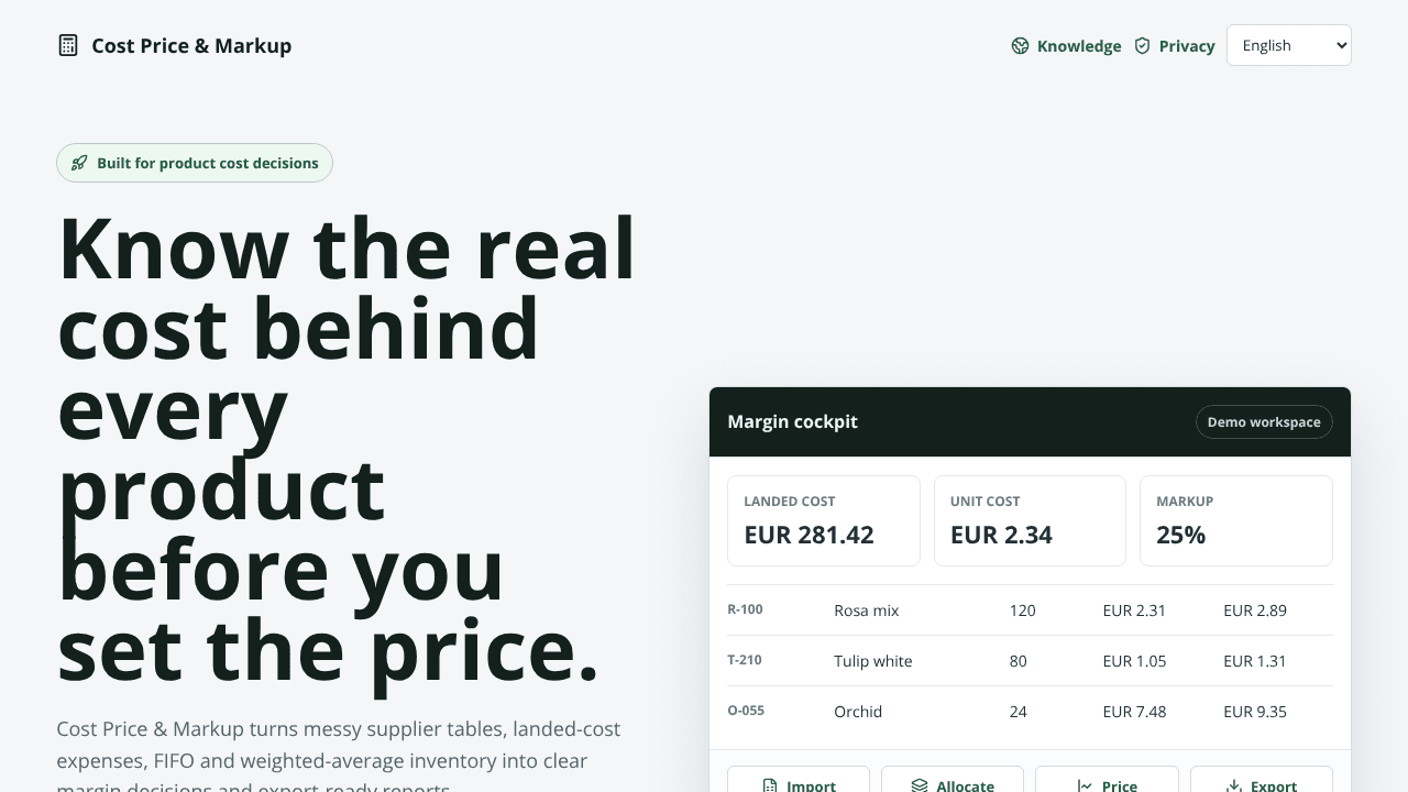 Cost Price & Markup website screenshot