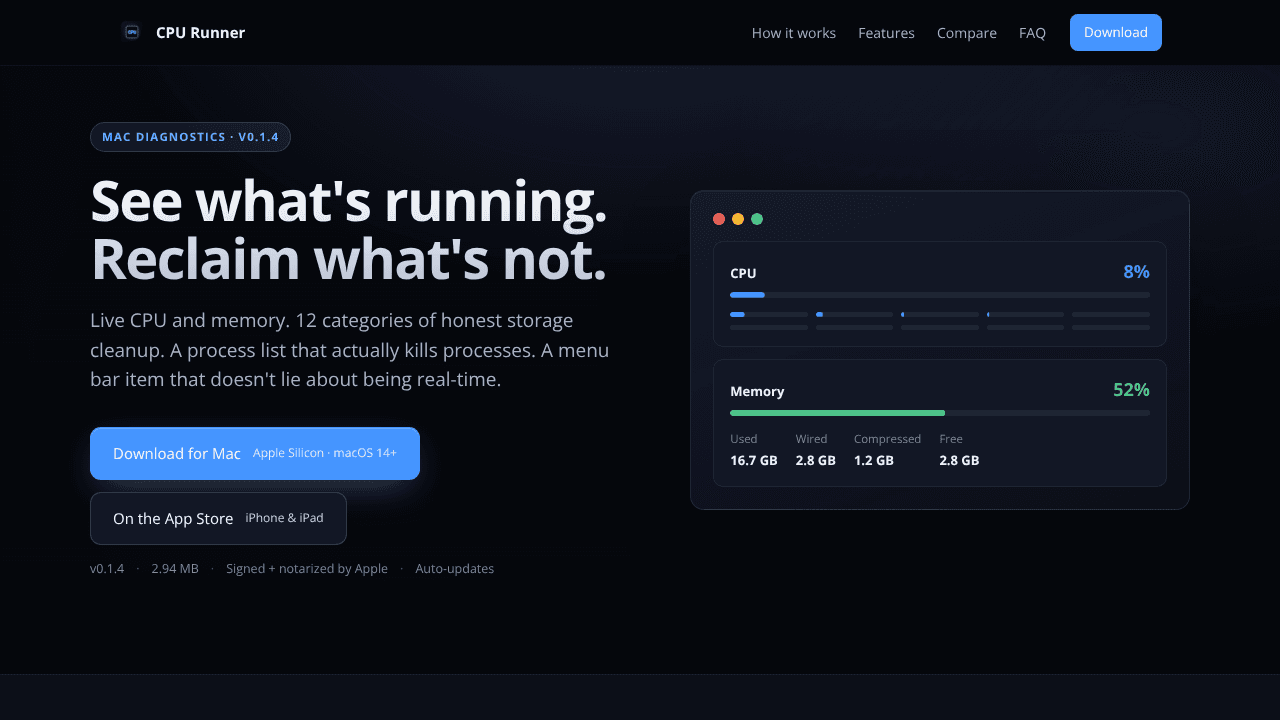 CPU Runner — honest Mac diagnostics website screenshot