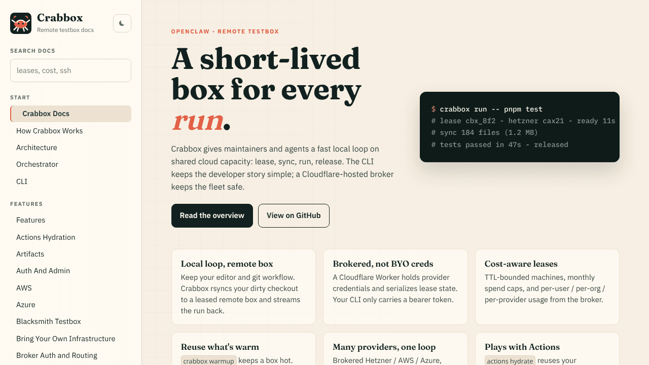 Crabbox AI Sandboxes and Testboxes website screenshot