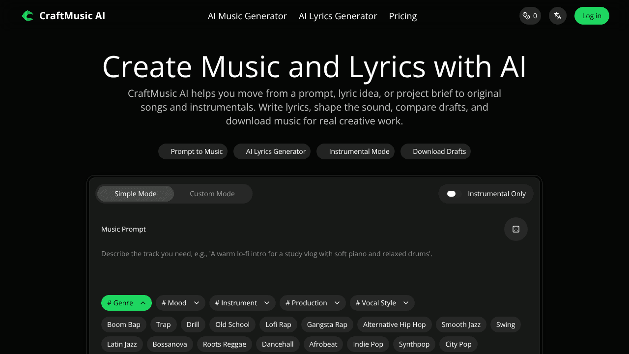 CraftMusic AI website screenshot