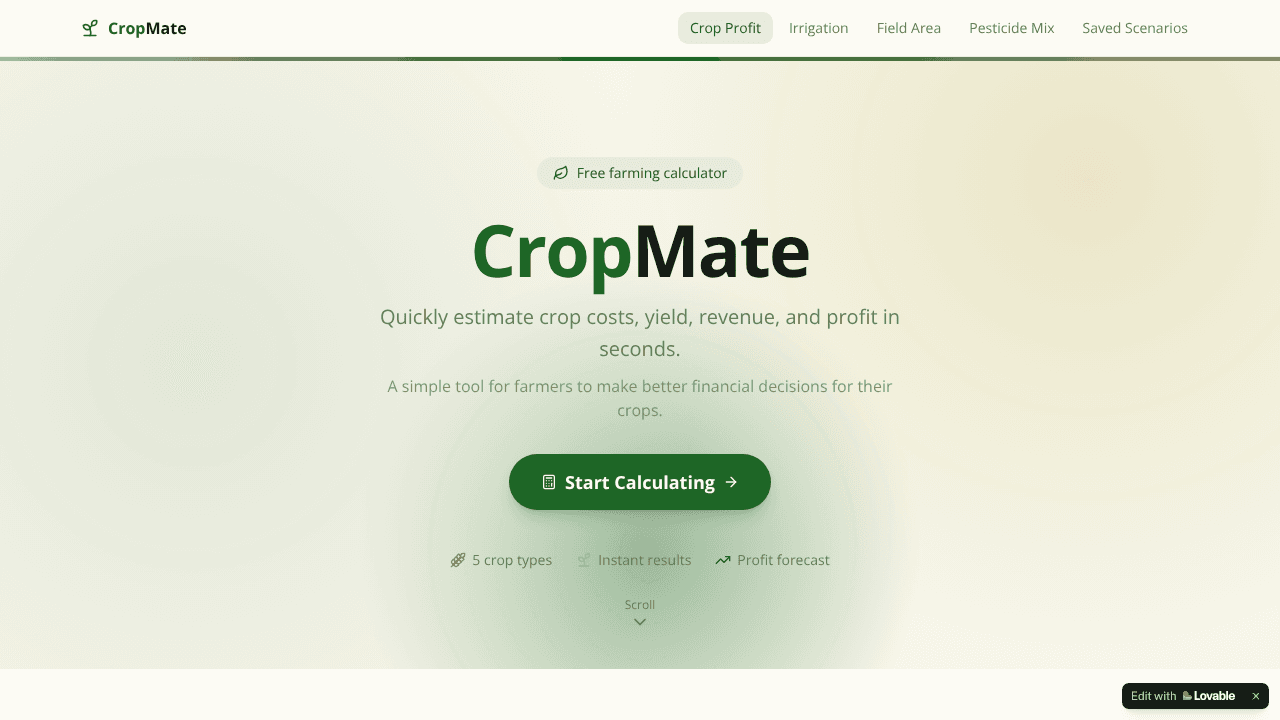 CropMate — Crop Profit Calculator website screenshot