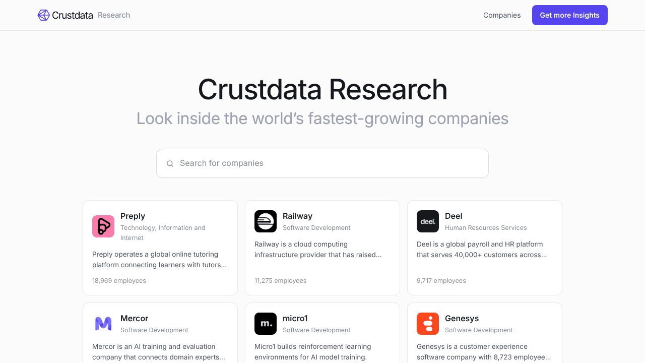 Crustdata Research website screenshot