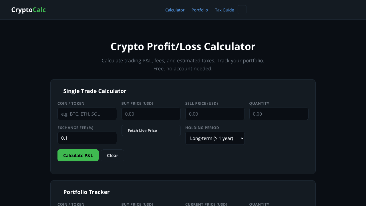 Crypto P&L Calculator website screenshot