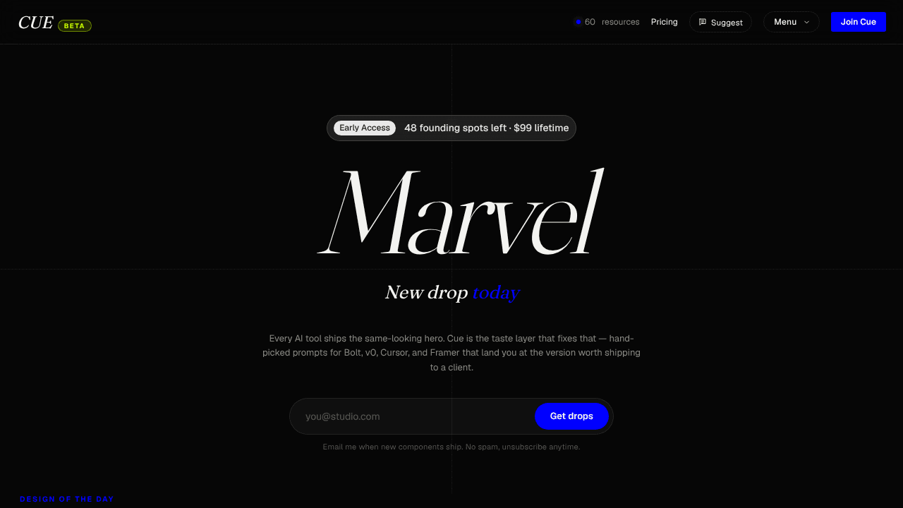 Cue website screenshot