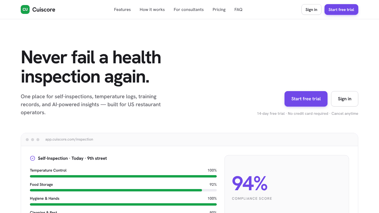 Cuiscore: Restaurant Health Compliance website screenshot