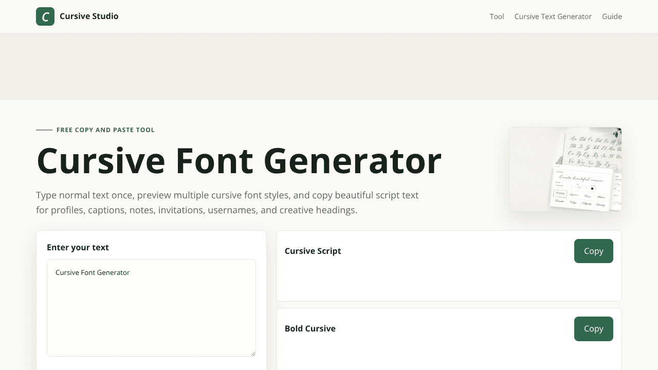 Cursive Text Generator website screenshot