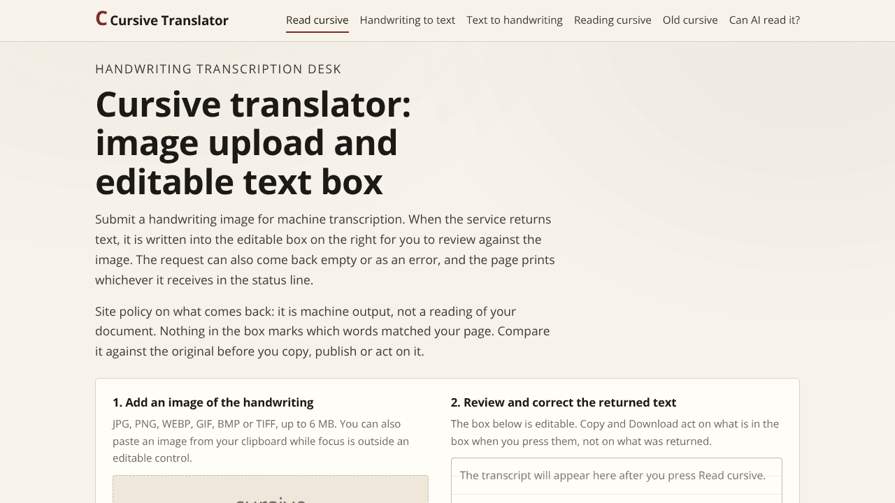 Cursive Translator website screenshot