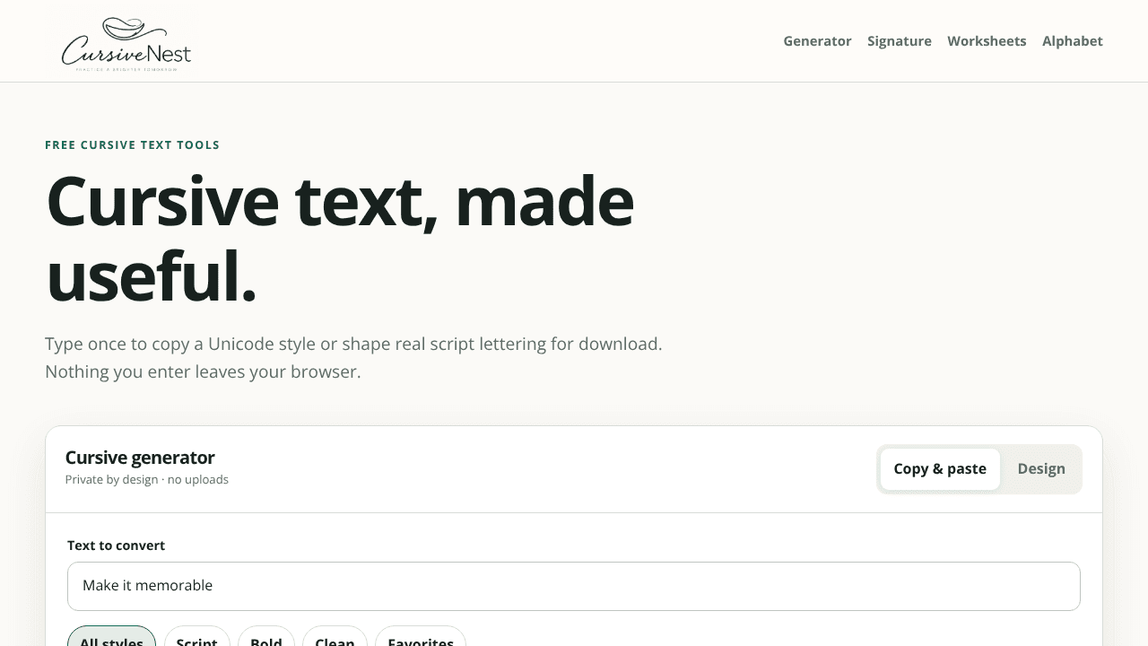 CursiveNest website screenshot