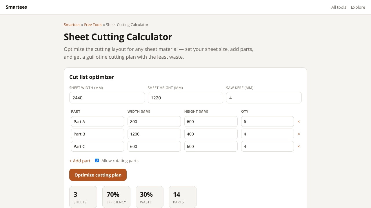 Cutting Calculator - Optimize Panel Cuts website screenshot