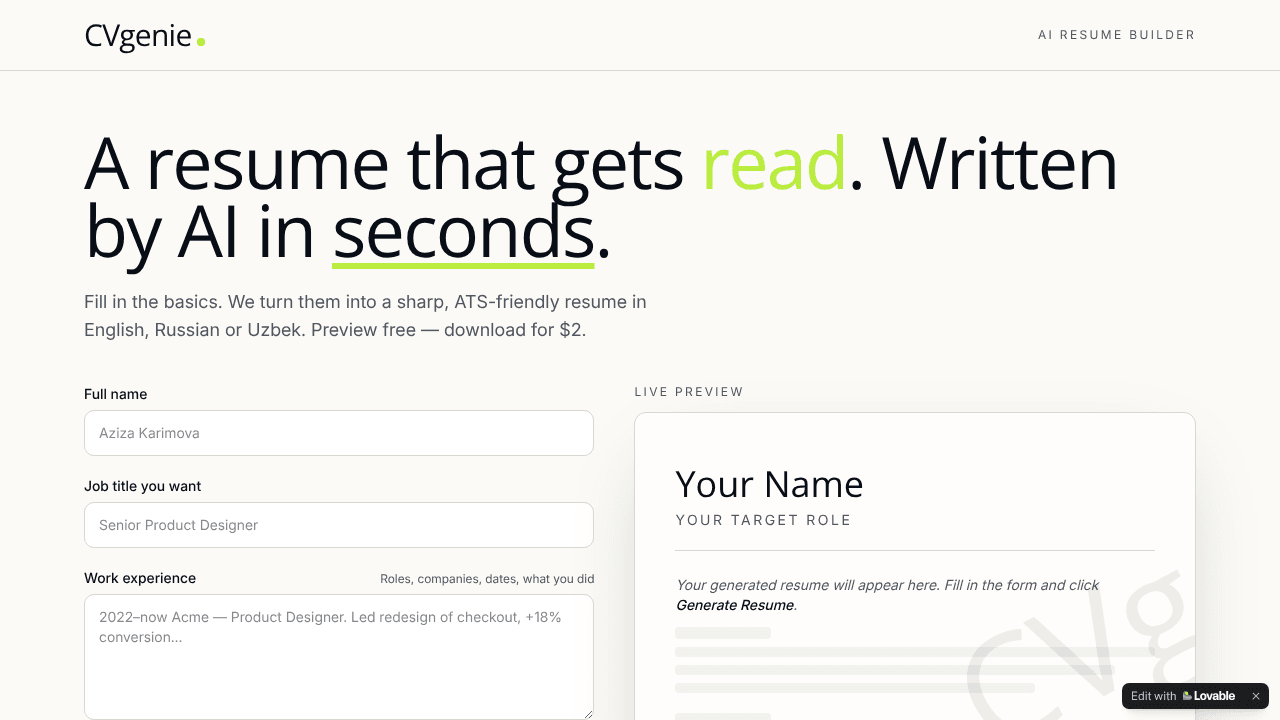 CVgenie website screenshot