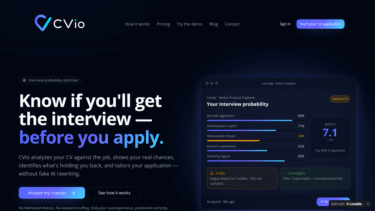 CVio - Know if you'll get the interview website screenshot