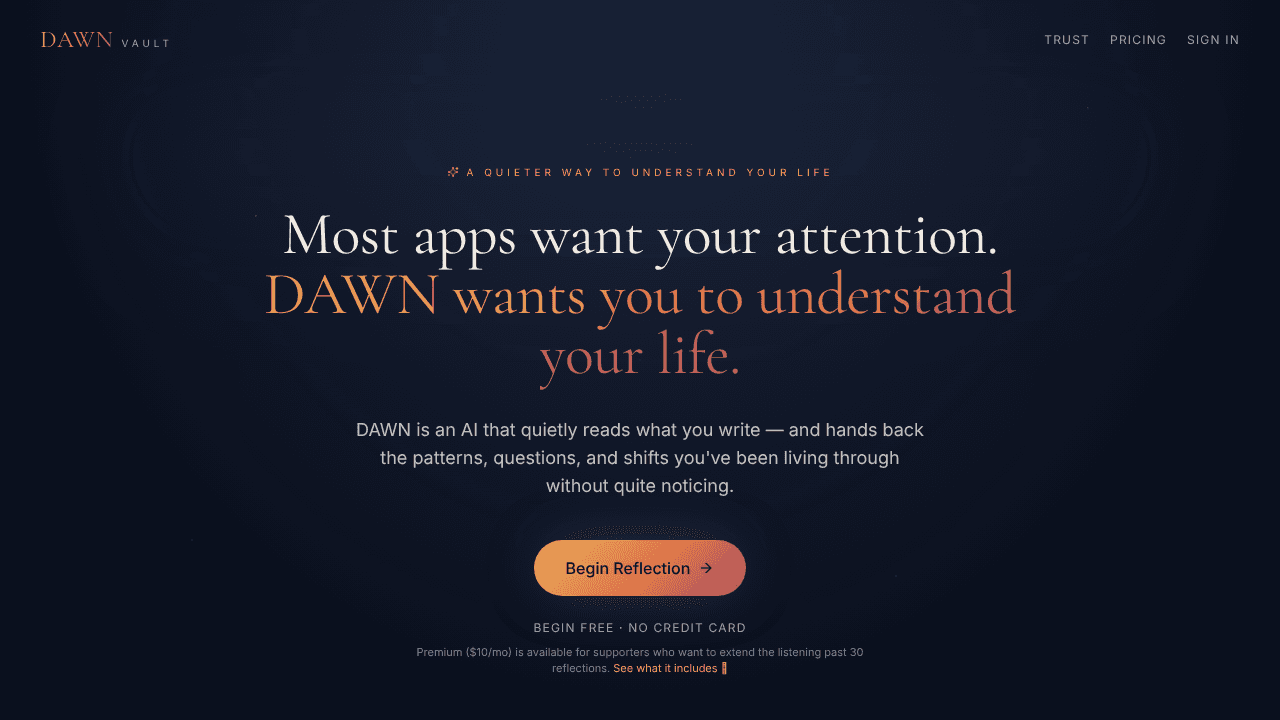 DAWN Vault journal for your inner world website screenshot