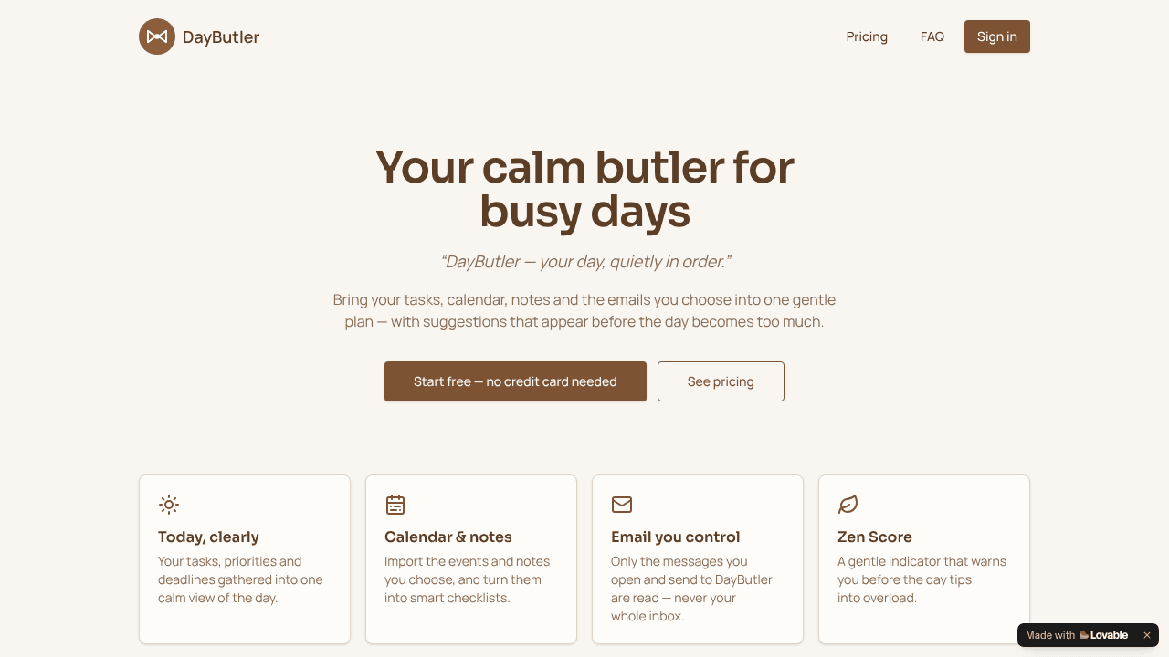 DayButler - AI‑Powered Daily Assistant website screenshot