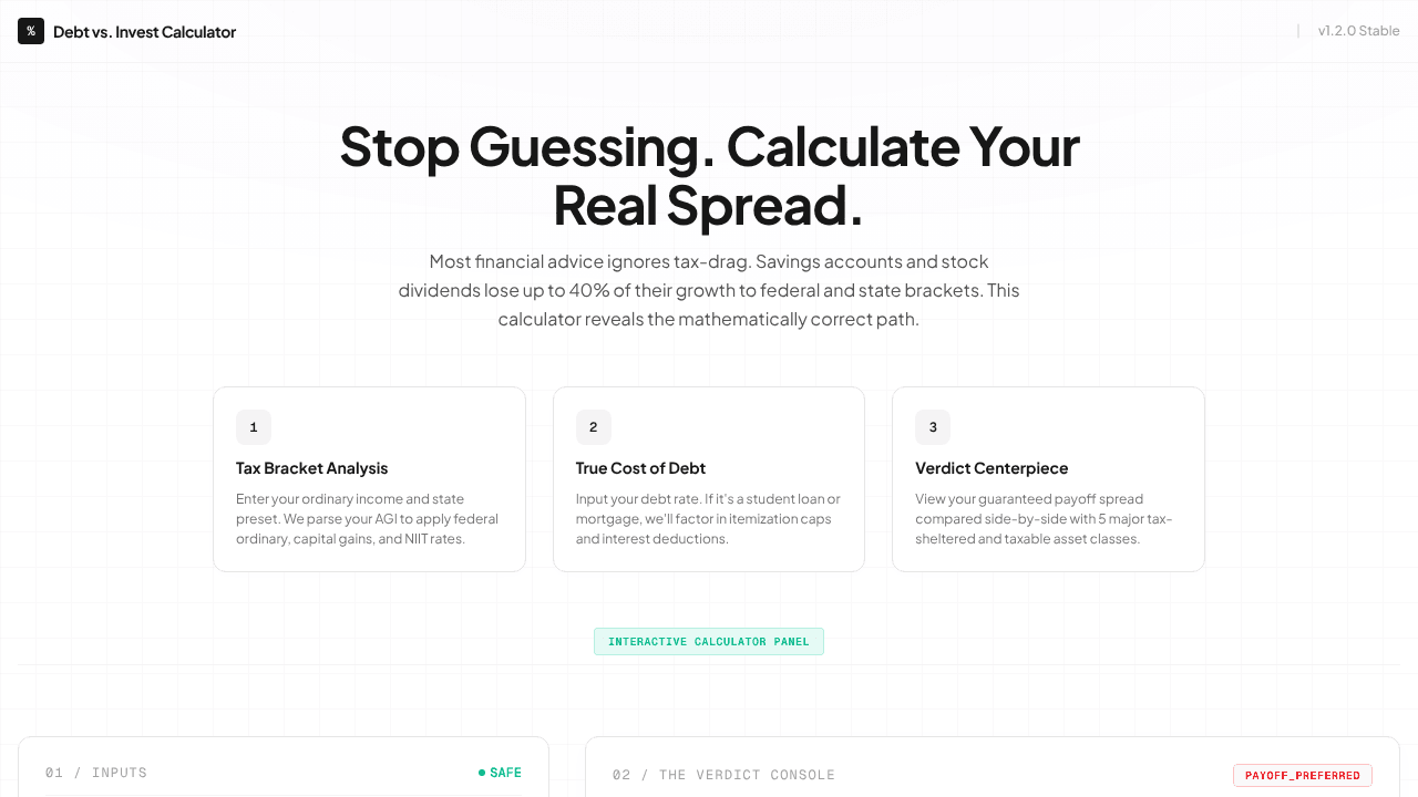 Debt vs. Invest Calculator website screenshot