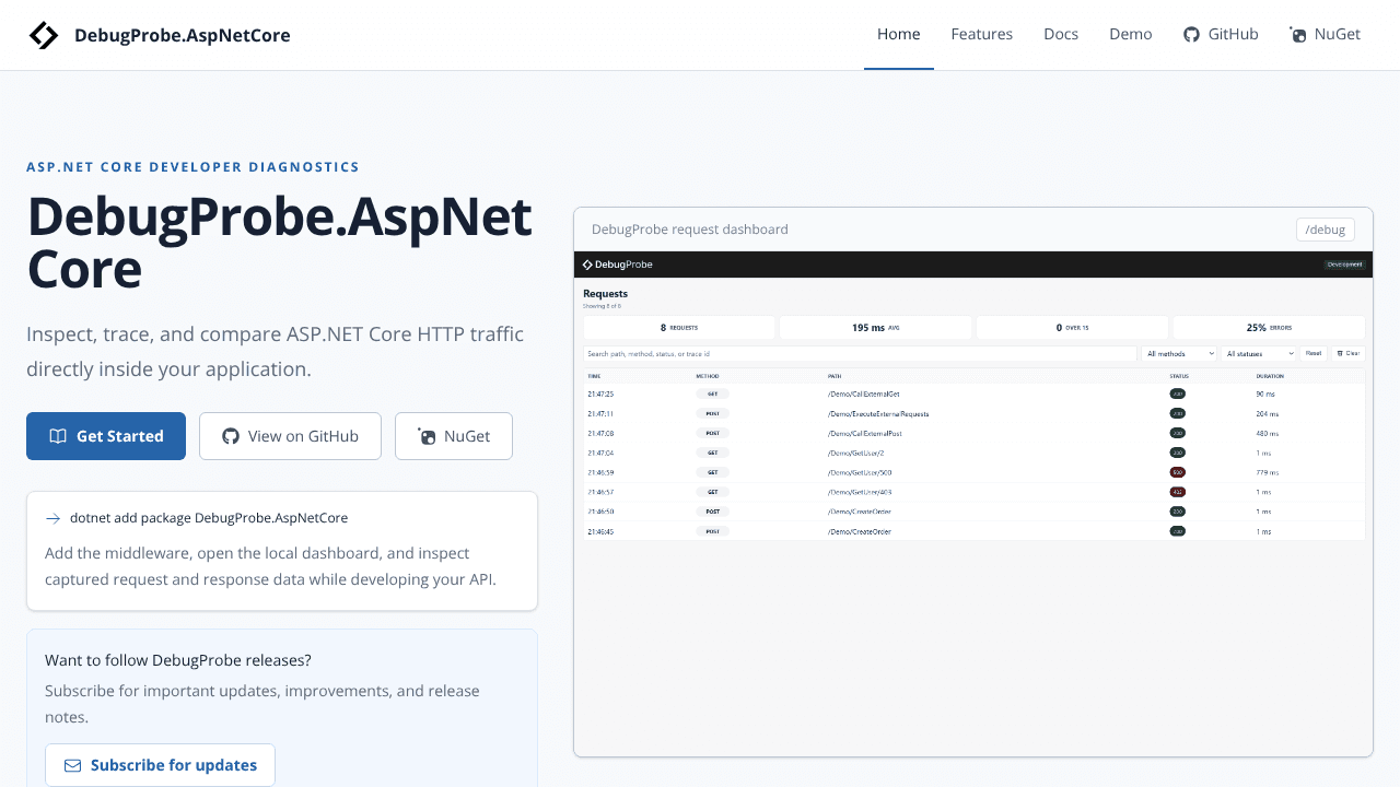 DebugProbe.AspNetCore website screenshot