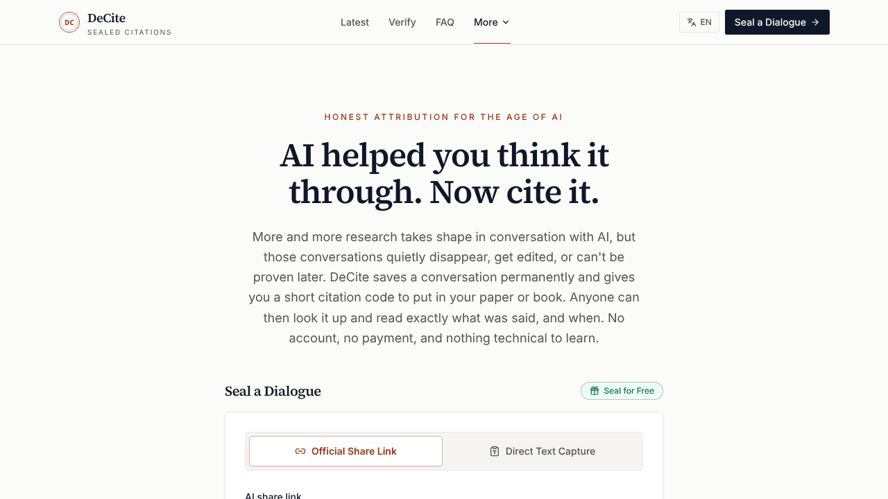 DeCite website screenshot