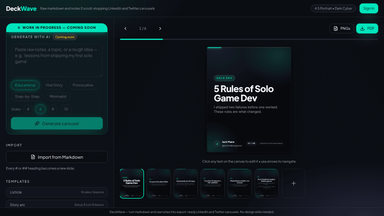 DeckWave — Turn raw notes into carousels website screenshot
