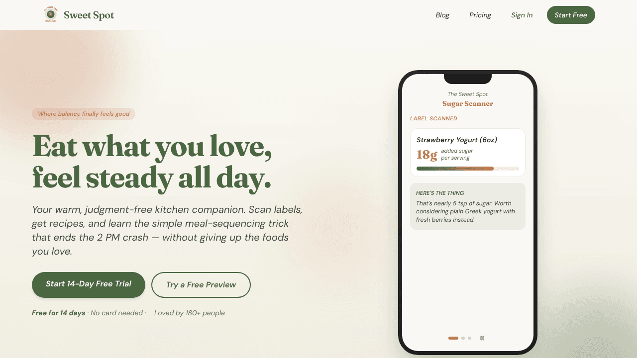 Decode sugar cravings with sweetspotapp  website screenshot