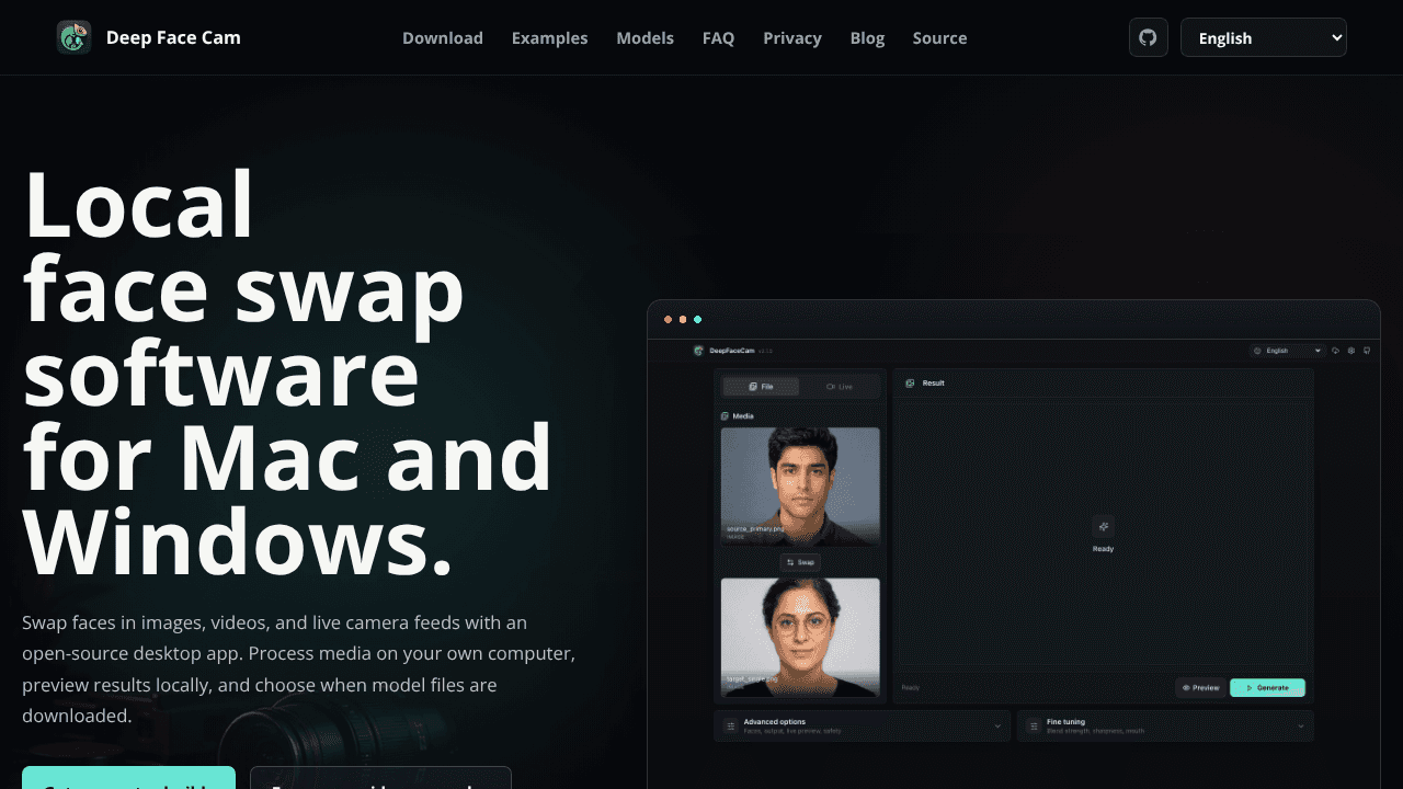 Deep Face Cam website screenshot