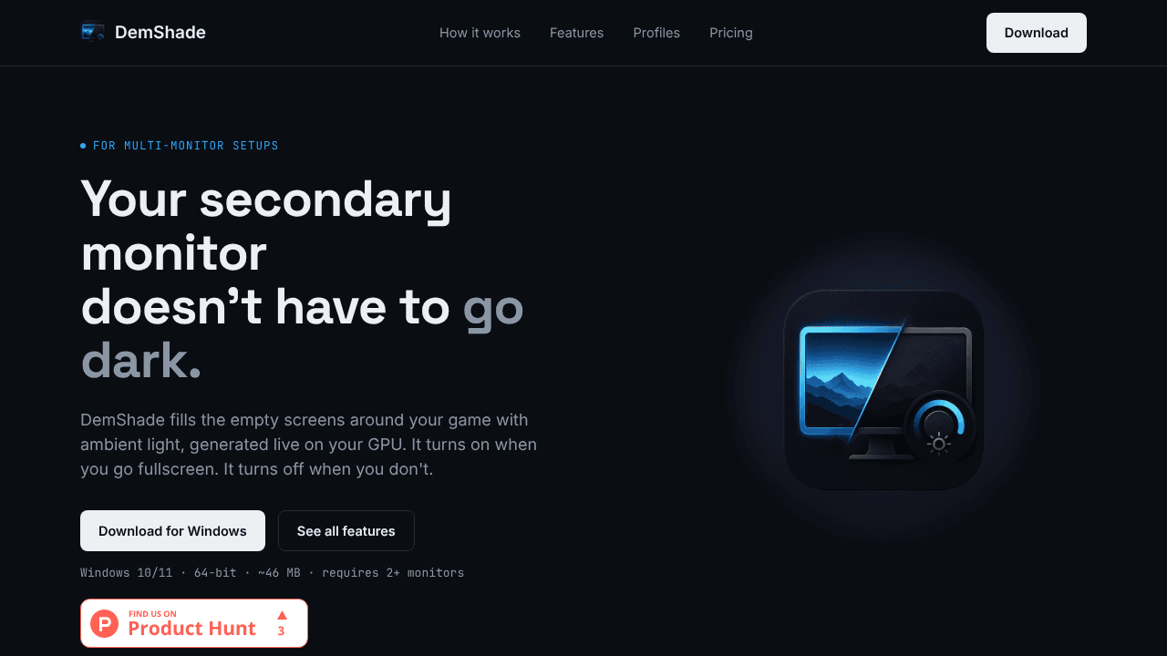DemShade: ambient monitor lighting website screenshot