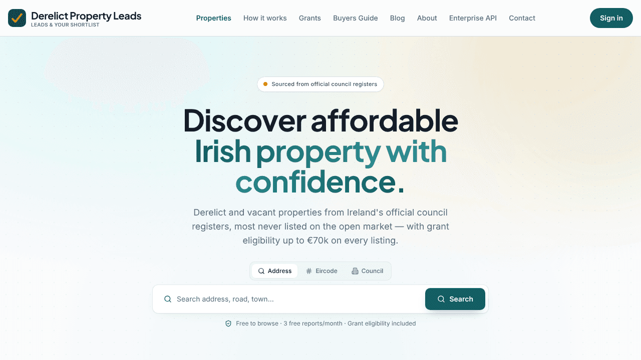 Derelict Property Leads website screenshot