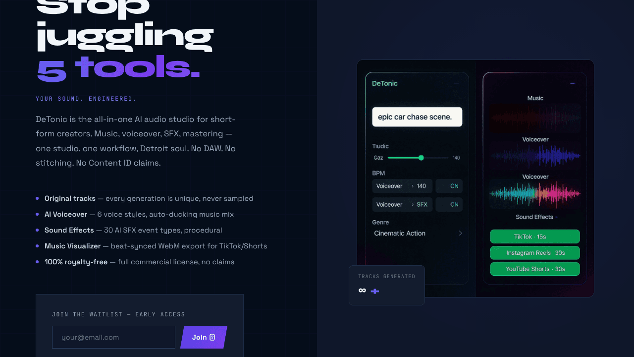 DeTonic — AI Audio Generator website screenshot
