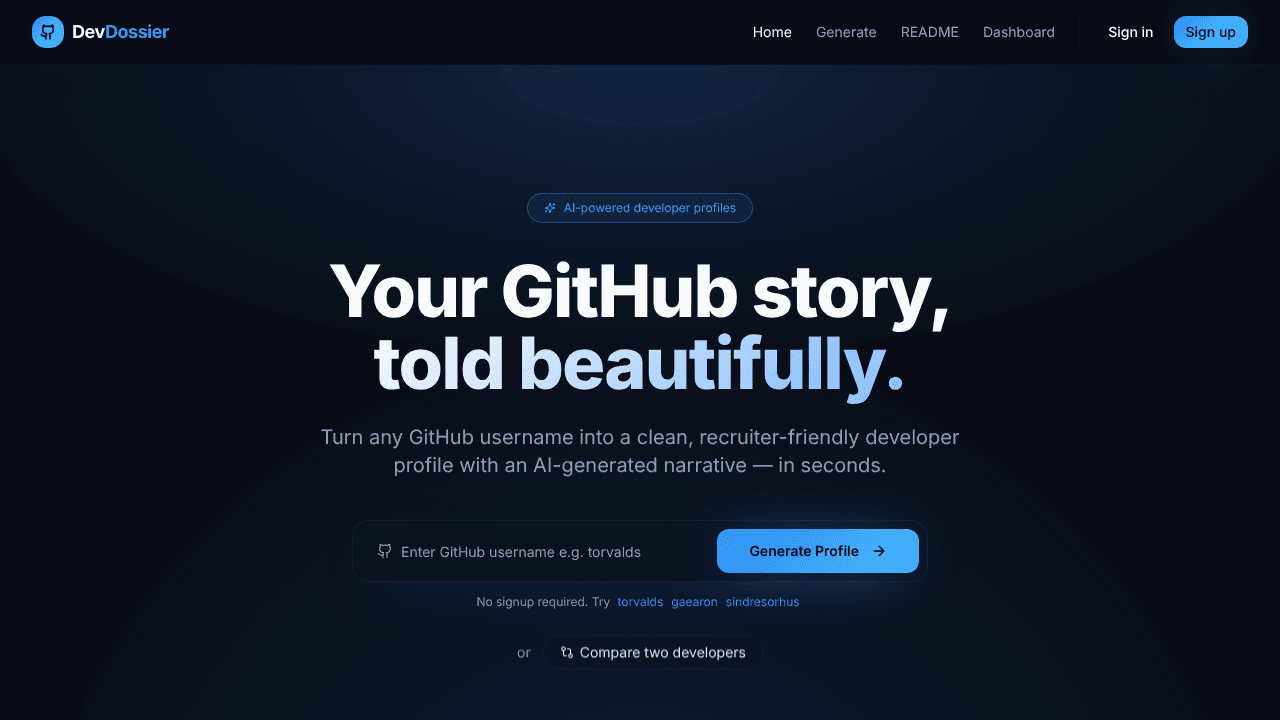 DevDossier - Your GitHub story website screenshot