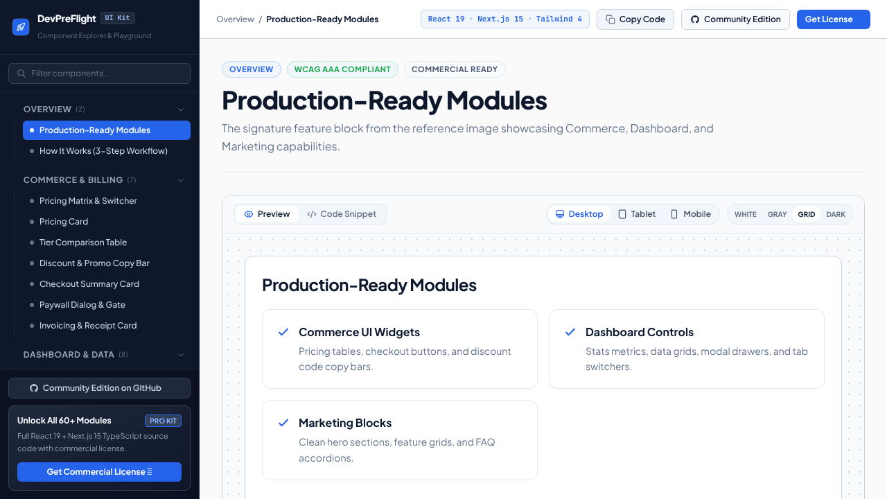 DevPreFlight React UI Kit website screenshot