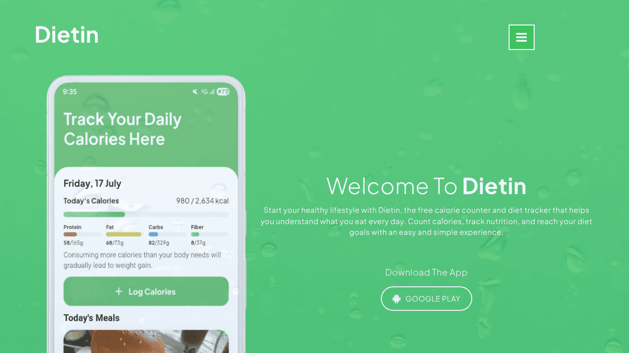 Dietin: Diet Tracking App website screenshot