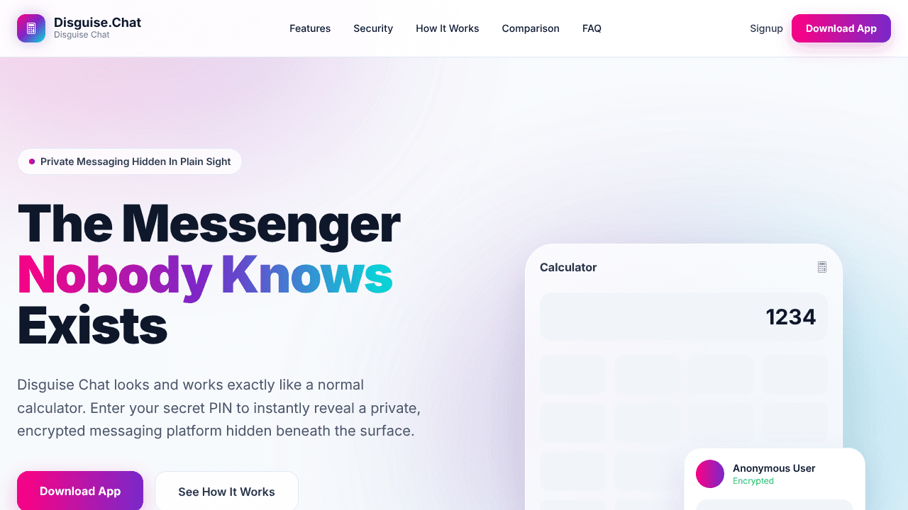 Disguise Chat — Secret Messenger App website screenshot