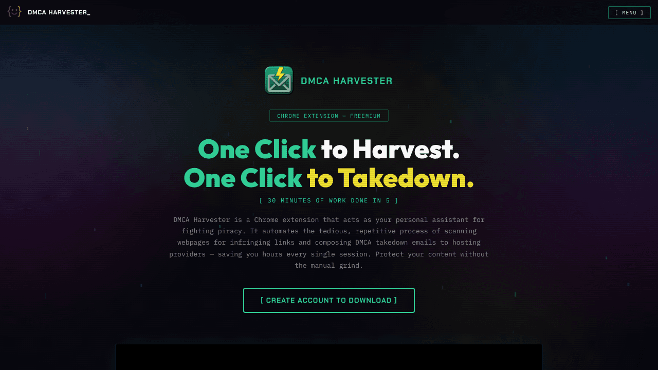 DMCA Harvester - Automated Takedown Tool website screenshot