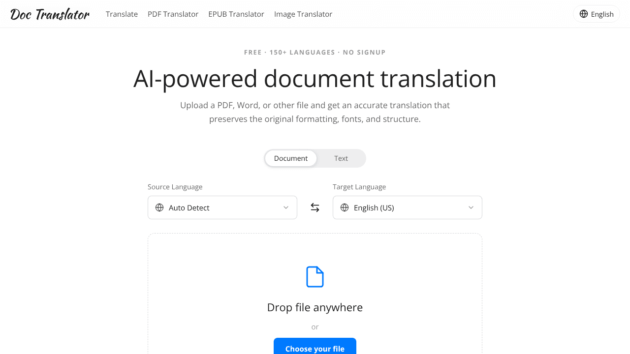Doc Translator website screenshot