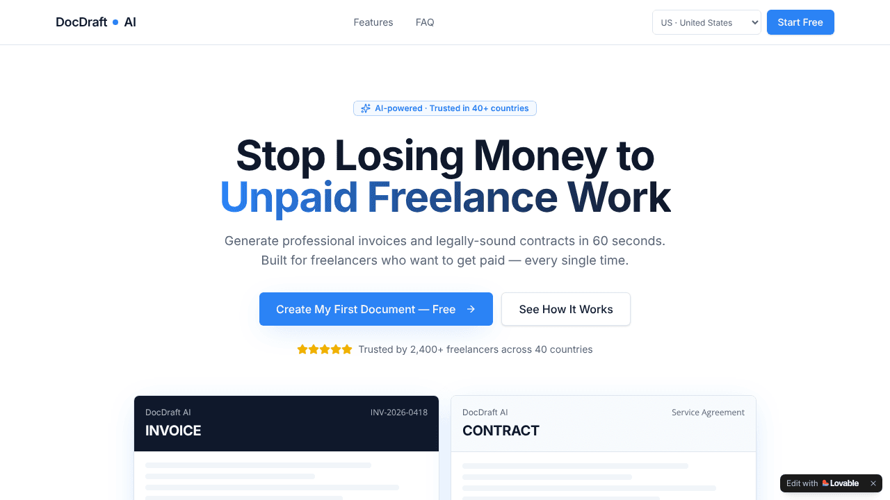 DocDraft AI website screenshot