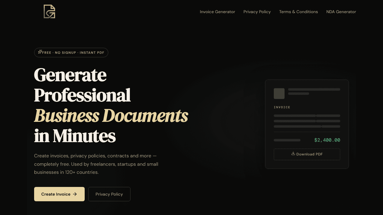 DocGen — Free Invoice Generator website screenshot