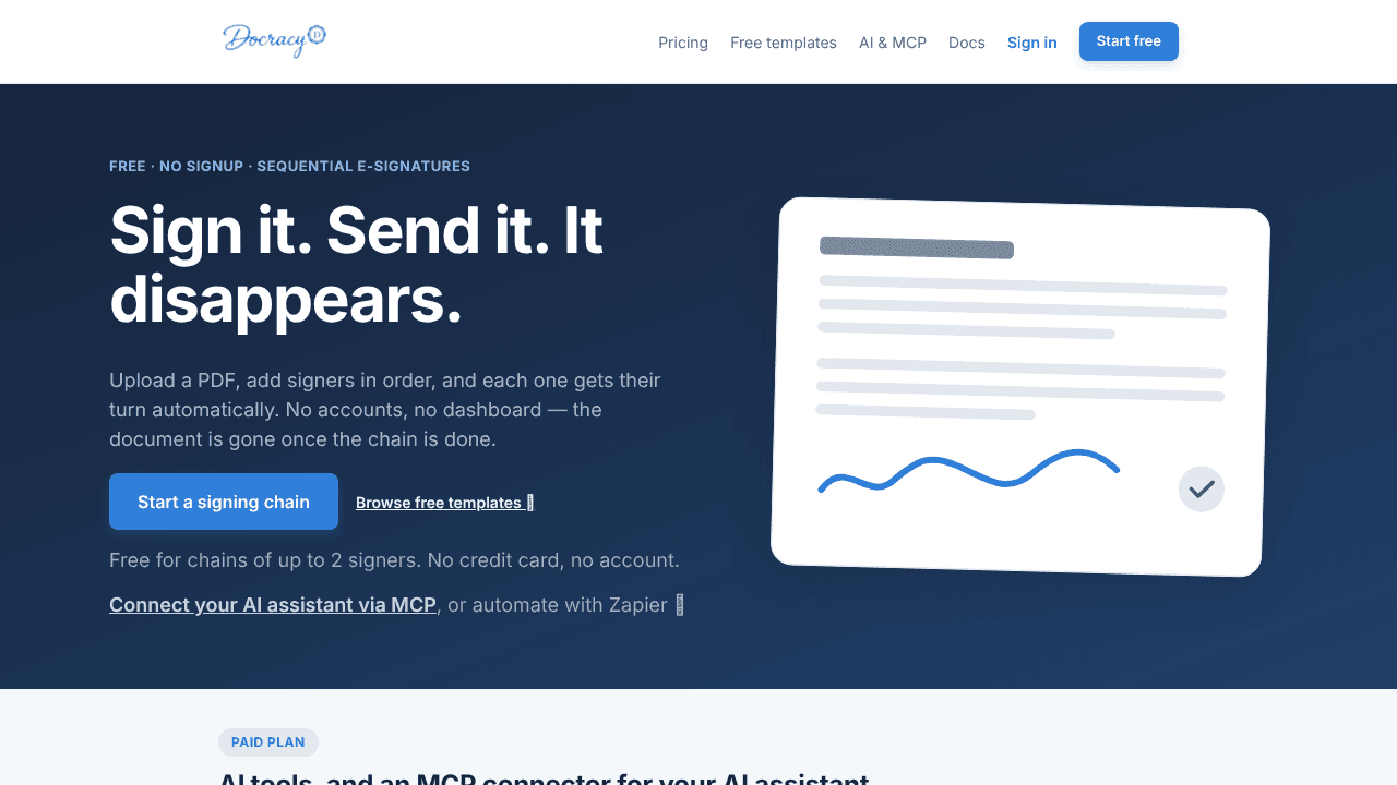 Docracy -sign it, send it, it disappears website screenshot