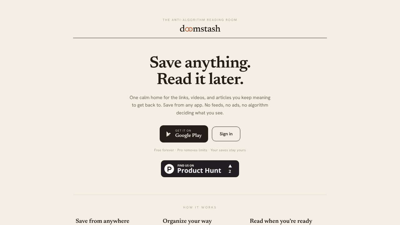 DoomStash: Save & Read Later website screenshot