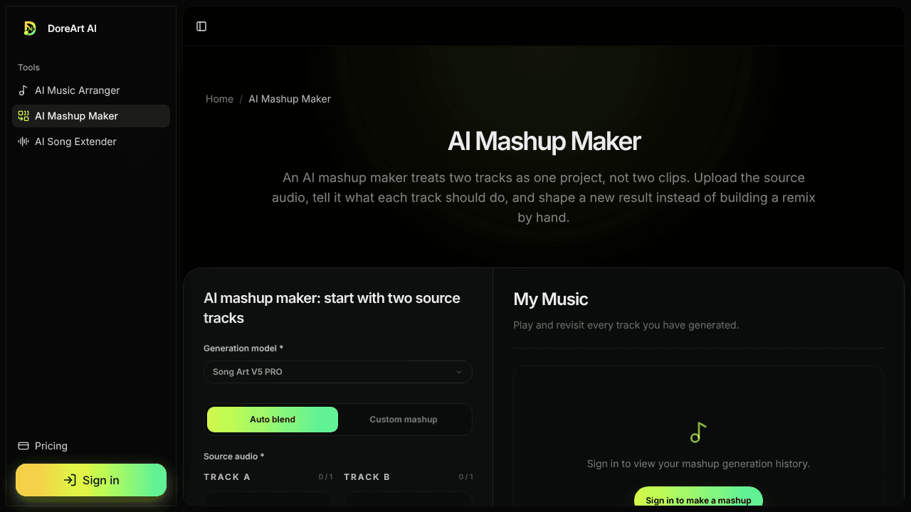 DoreArt AI Mashup Maker website screenshot