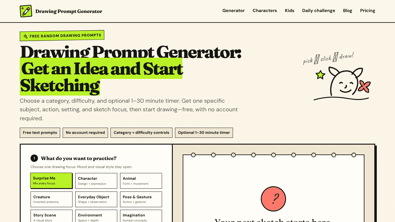 Drawing Prompt Generator website screenshot