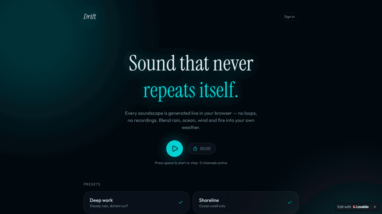 Drift — Ambient soundscapes for focus website screenshot