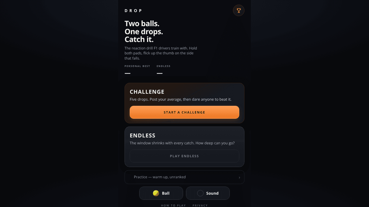 DROP · Catch the Ball in 540ms website screenshot