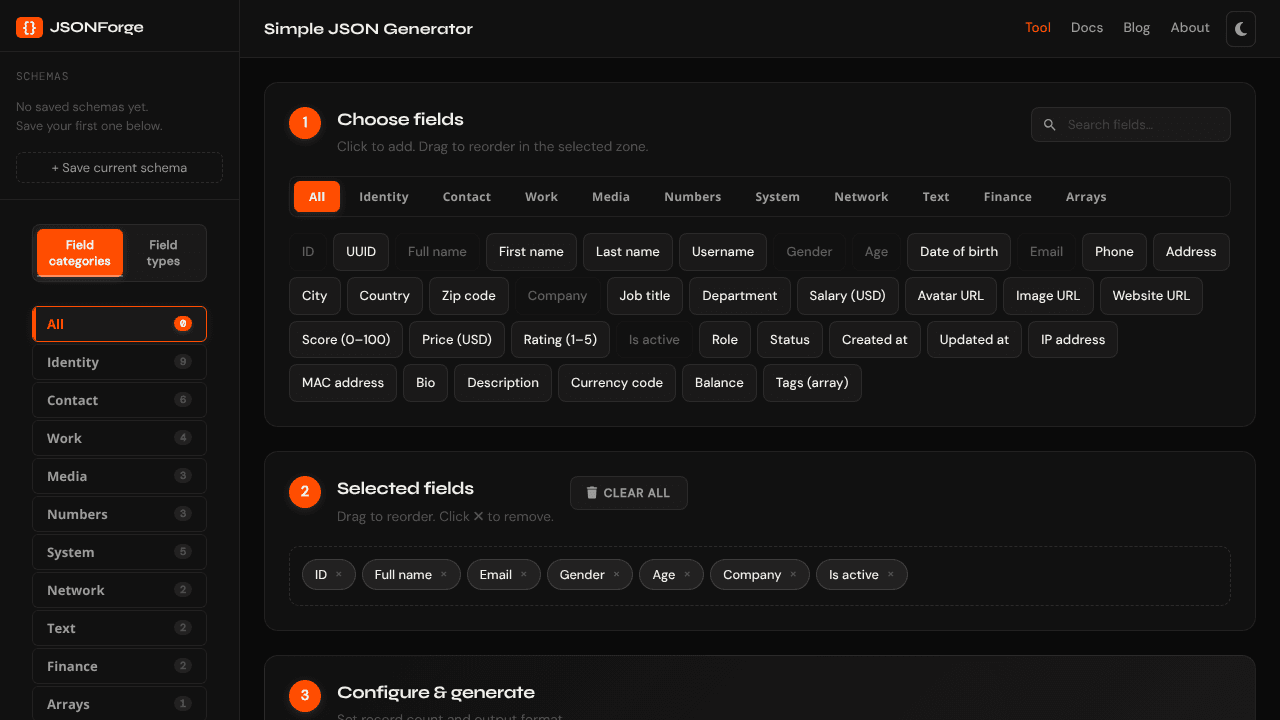 Dummy JSON Generator | JSONForge website screenshot